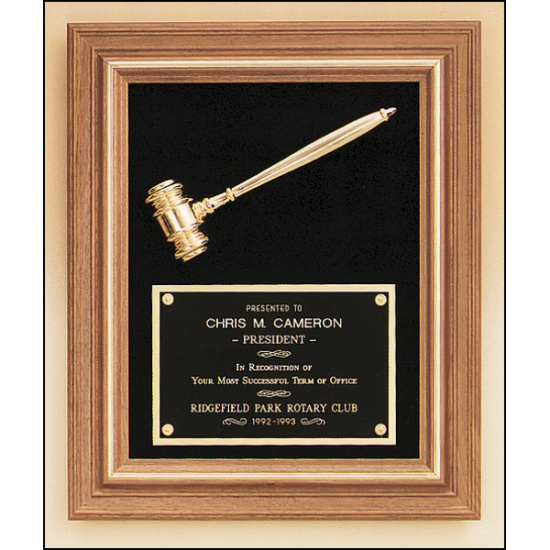 American walnut frame with a gold electroplated metal gavel on choice of velour backgrounds.